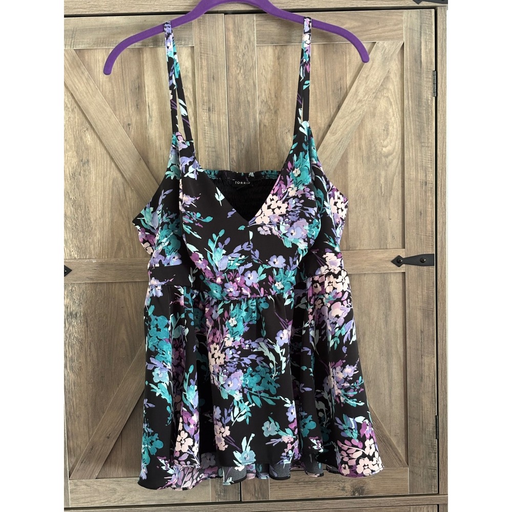 Torrid Floral Babydoll Cami Top Black Purple Teal Smocked Back Plus Size 00 M L